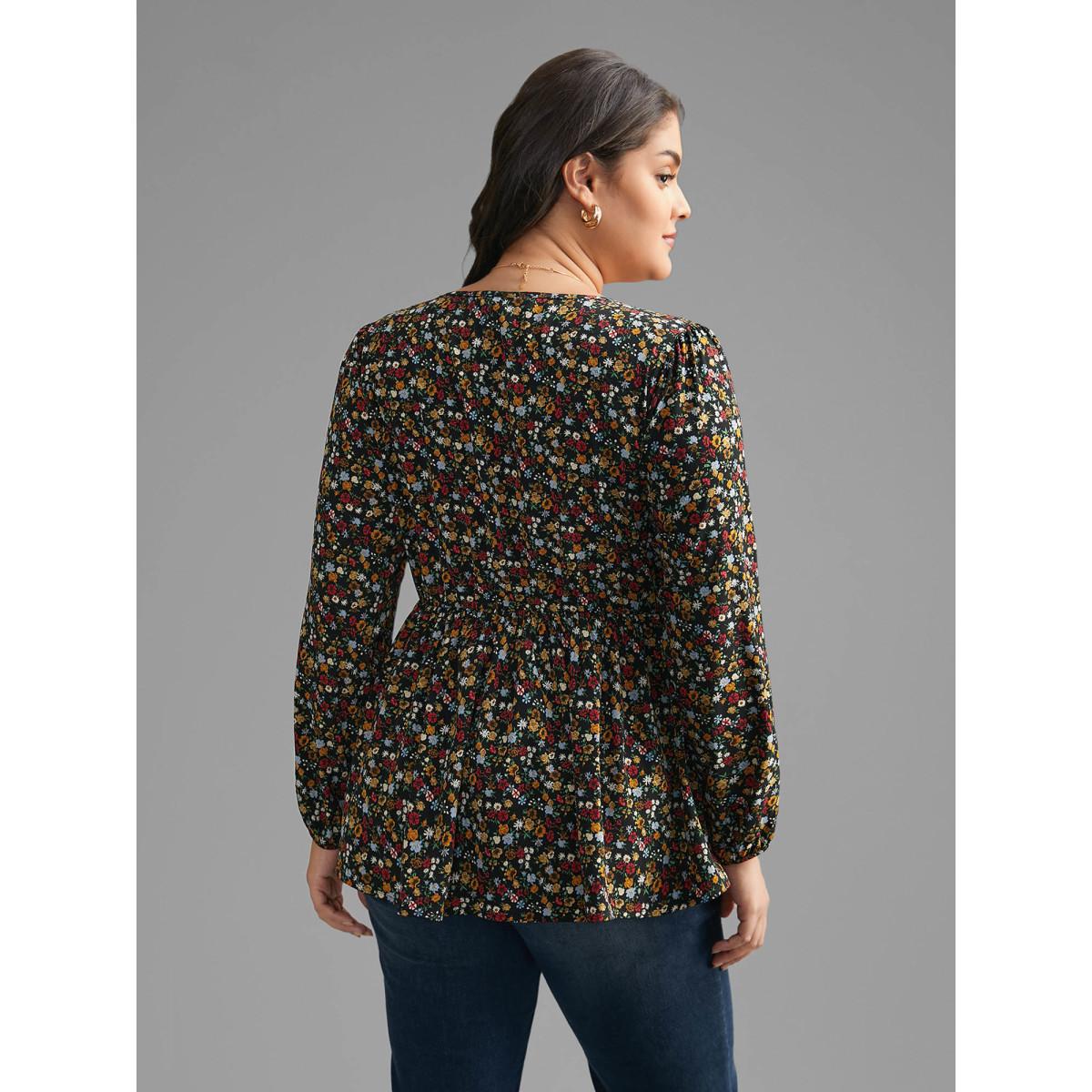 Plus Size Black Ditsy Floral V Neck Shirred Blouse Women Elegant Extra Long Sleeve V-neck Everyday Blouses BloomChic 26/4X Product Image
