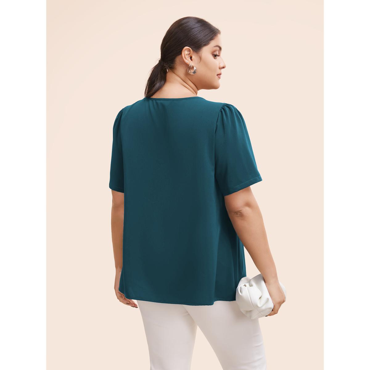 Plus Size Cyan Anti-Wrinkle Plain Metal Detail Keyhole Neck Blouse Women Office Short sleeve V-neck Work Blouses BloomChic 14-16/1X Product Image