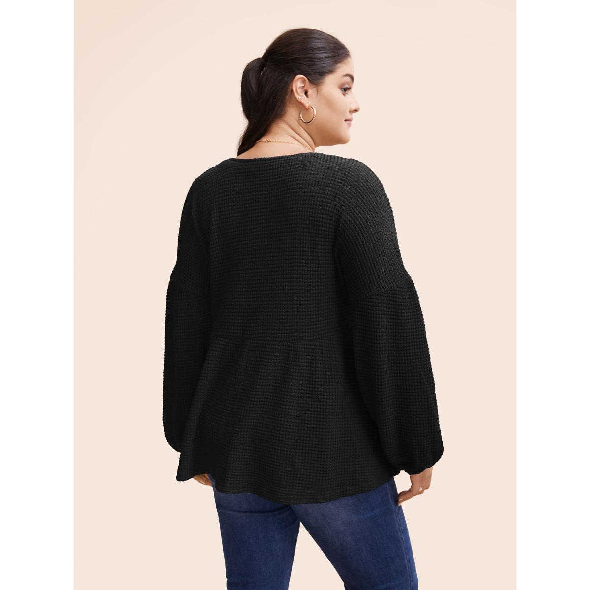 Plus Size Waffle Knit Lantern Sleeve Flutter Hem Sweatshirt Women Black Elegant Texture V-neck Dailywear Sweatshirts BloomChic 14-16/1X Product Image