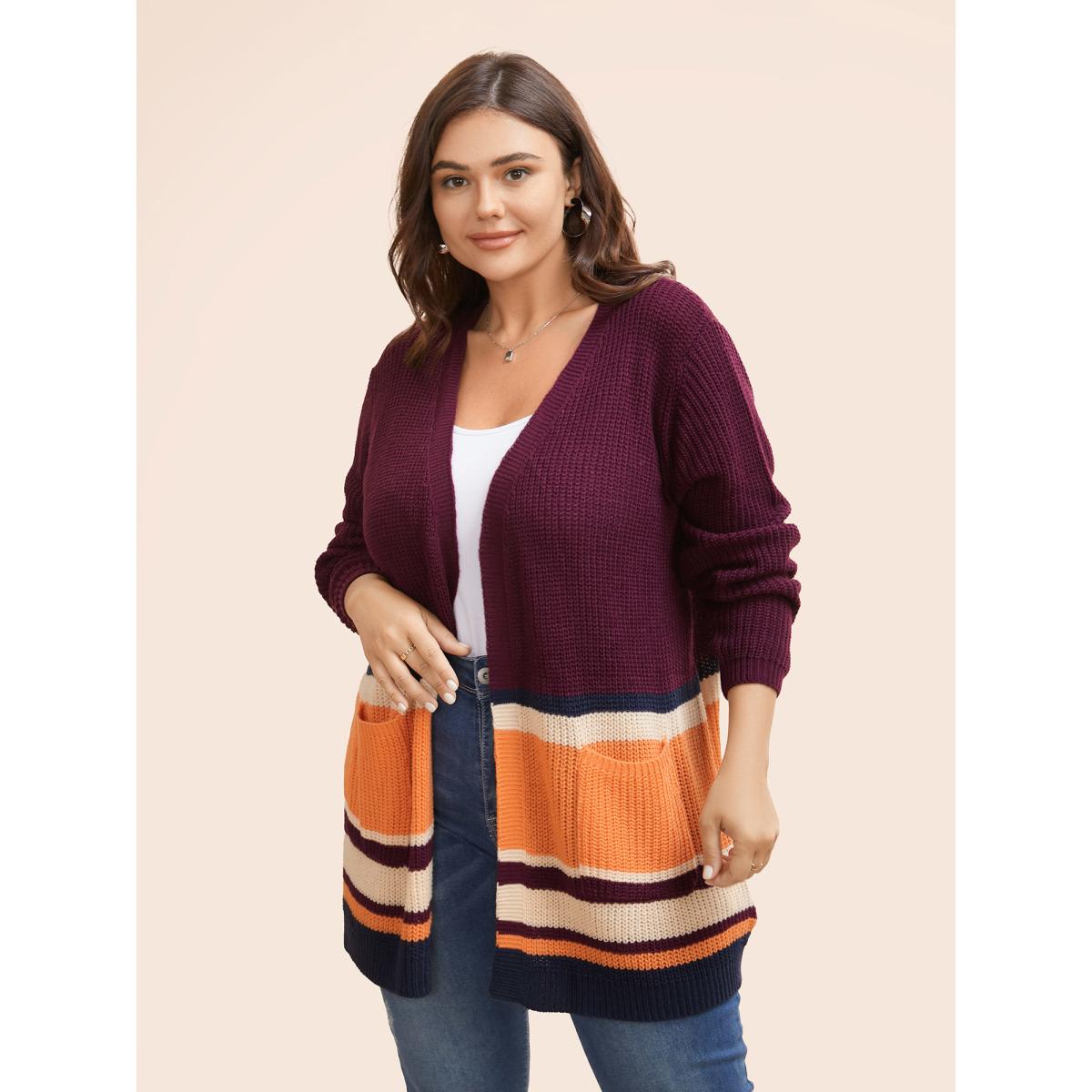Plus Size Colorblock Contrast Patched Pocket Open Front Cardigan Plum Women Casual Loose Long Sleeve Everyday Cardigans BloomChic 28/5X Product Image
