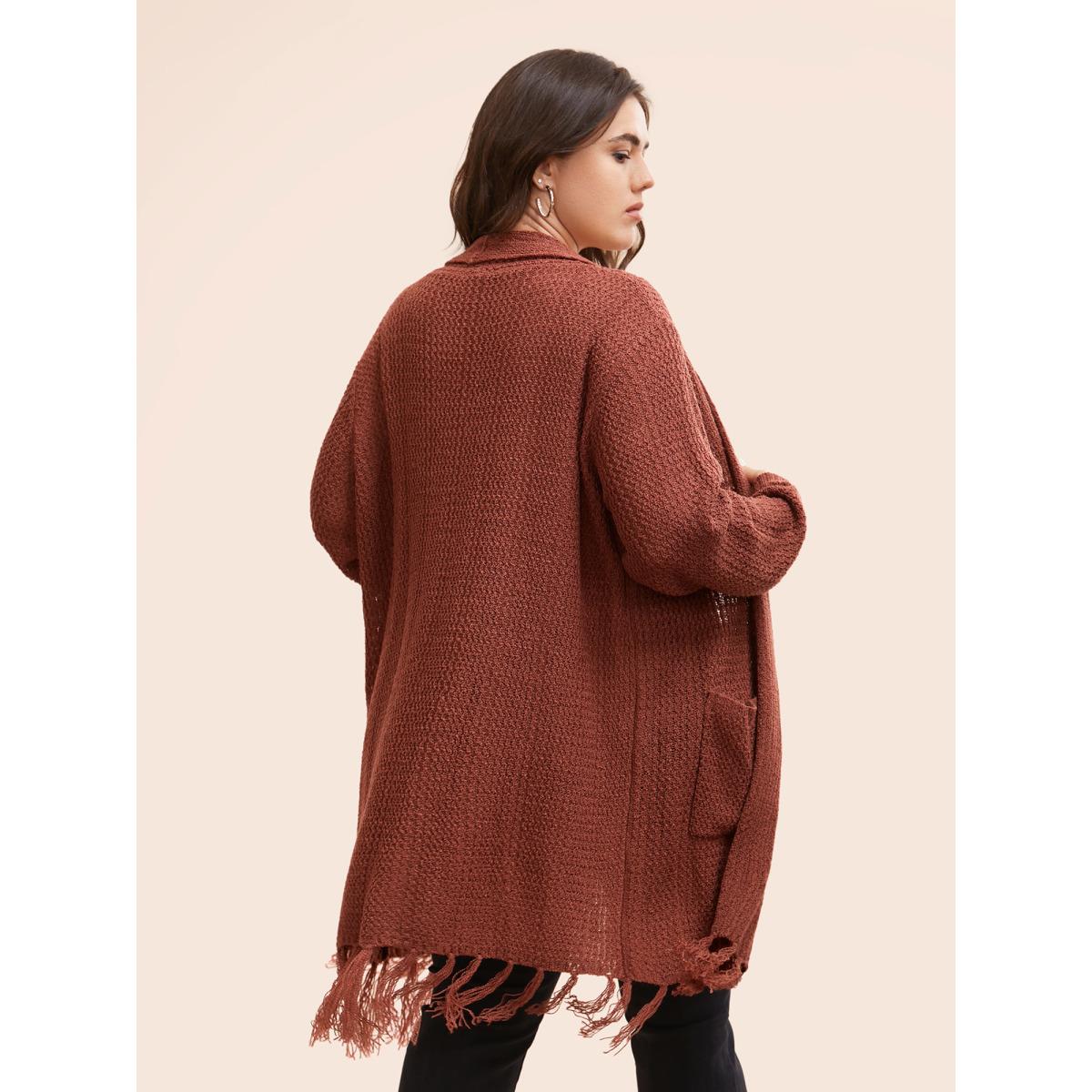 Plus Size Solid Tassel Trim Patched Pocket Cardigan Russet Women Resort Loose Long Sleeve Vacation Cardigans BloomChic 18-20/2X Product Image