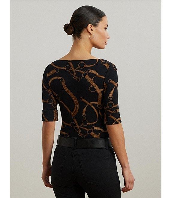 Lauren Ralph Lauren Belting Print Boat Neck Elbow Sleeve Fitted Tee Product Image