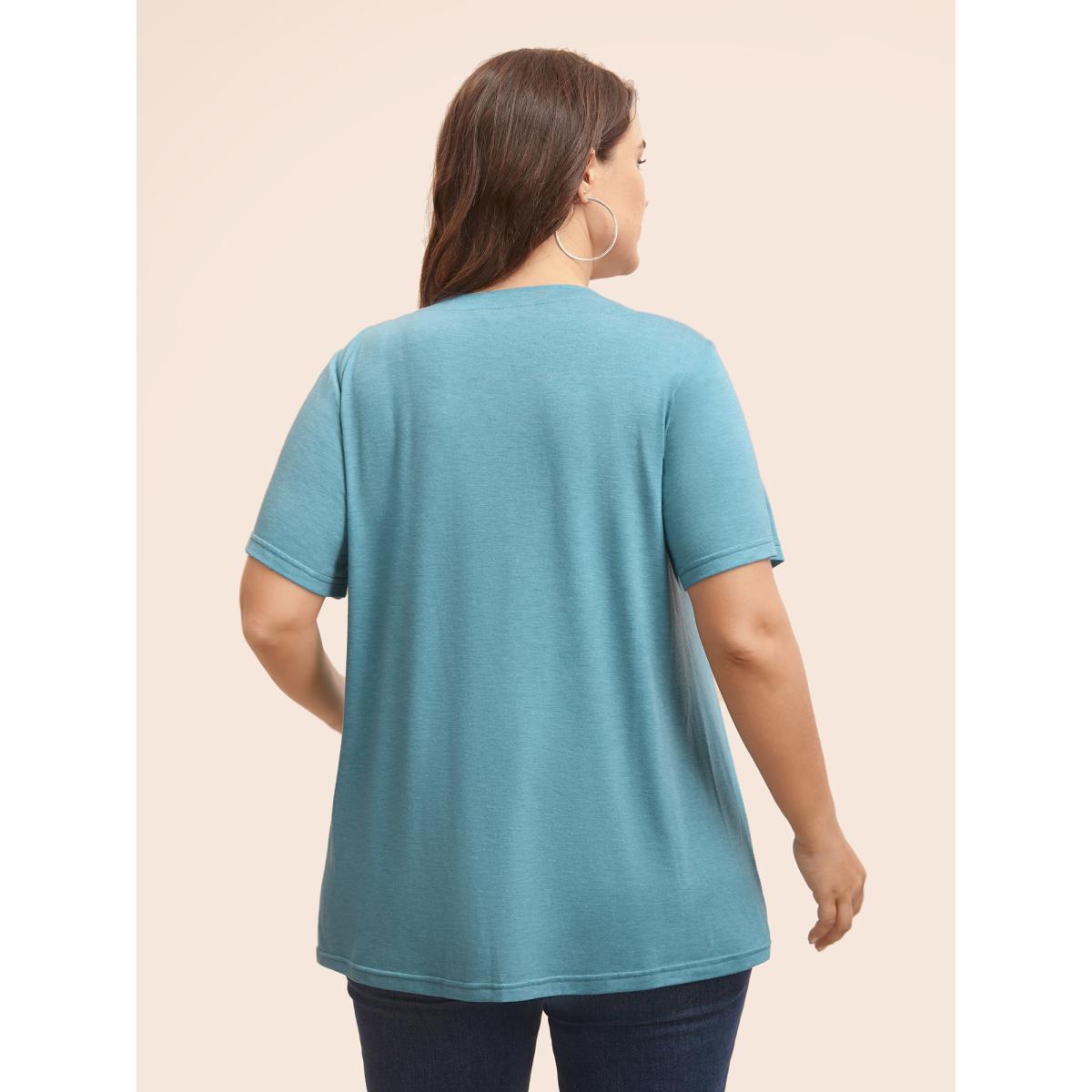 Plus Size Crew Neck Solid Heather Pleated T-shirt Cerulean Women Casual Pleated Round Neck Everyday T-shirts BloomChic 18-20/2X Product Image