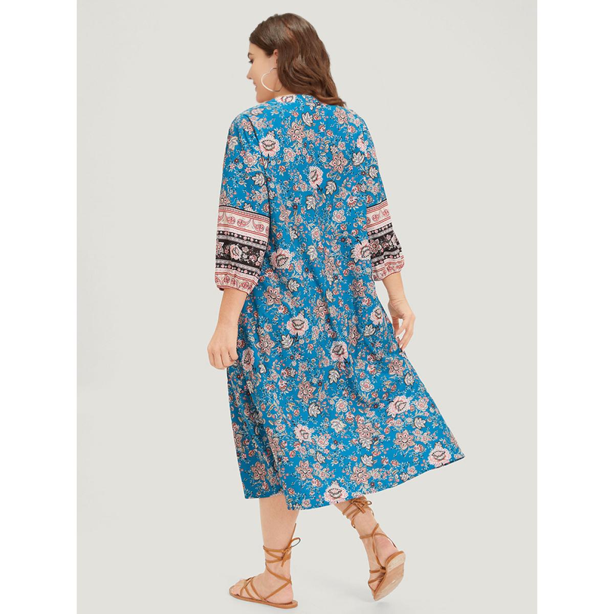 Plus Size Floral Print Notched Lantern Sleeve Contrast Dress Teal Women Vacation Elastic cuffs Notched collar Long Sleeve Curvy Midi Dress BloomChic 14-16/1X Product Image