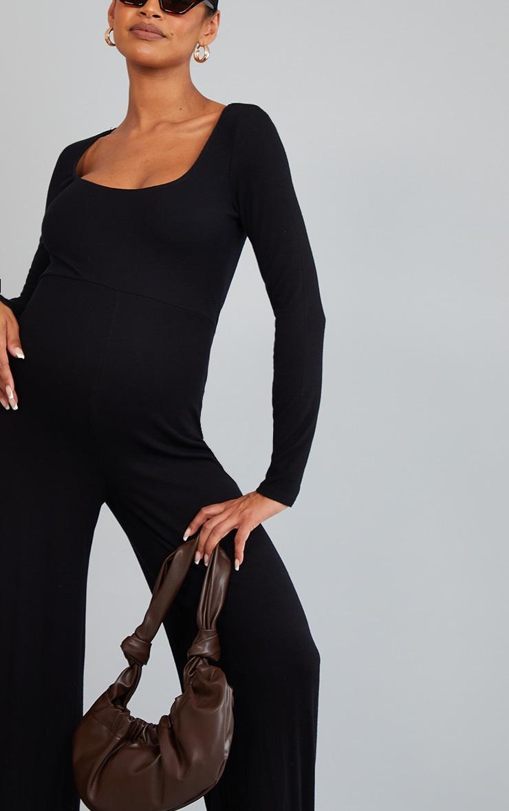 Maternity Black Long Sleeved Soft Rib Jumpsuit Product Image