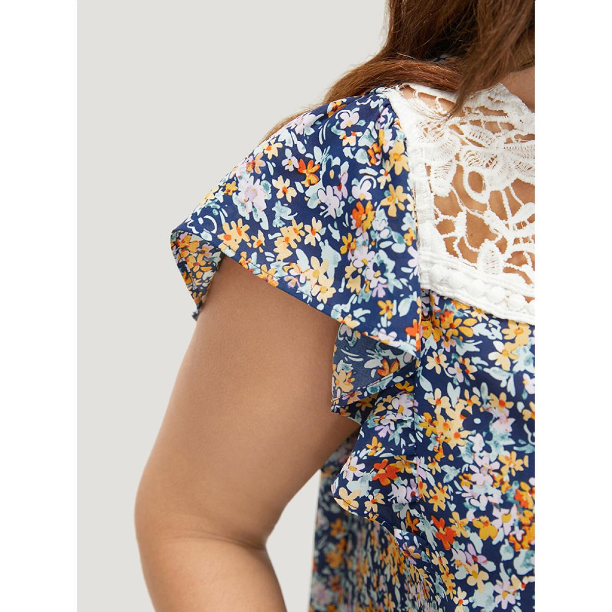 Plus Size Indigo Ditsy Floral Ruffle Sleeve Contrast Lace Blouse Women Elegant Short sleeve Round Neck Dailywear Blouses BloomChic 18-20/2X Product Image