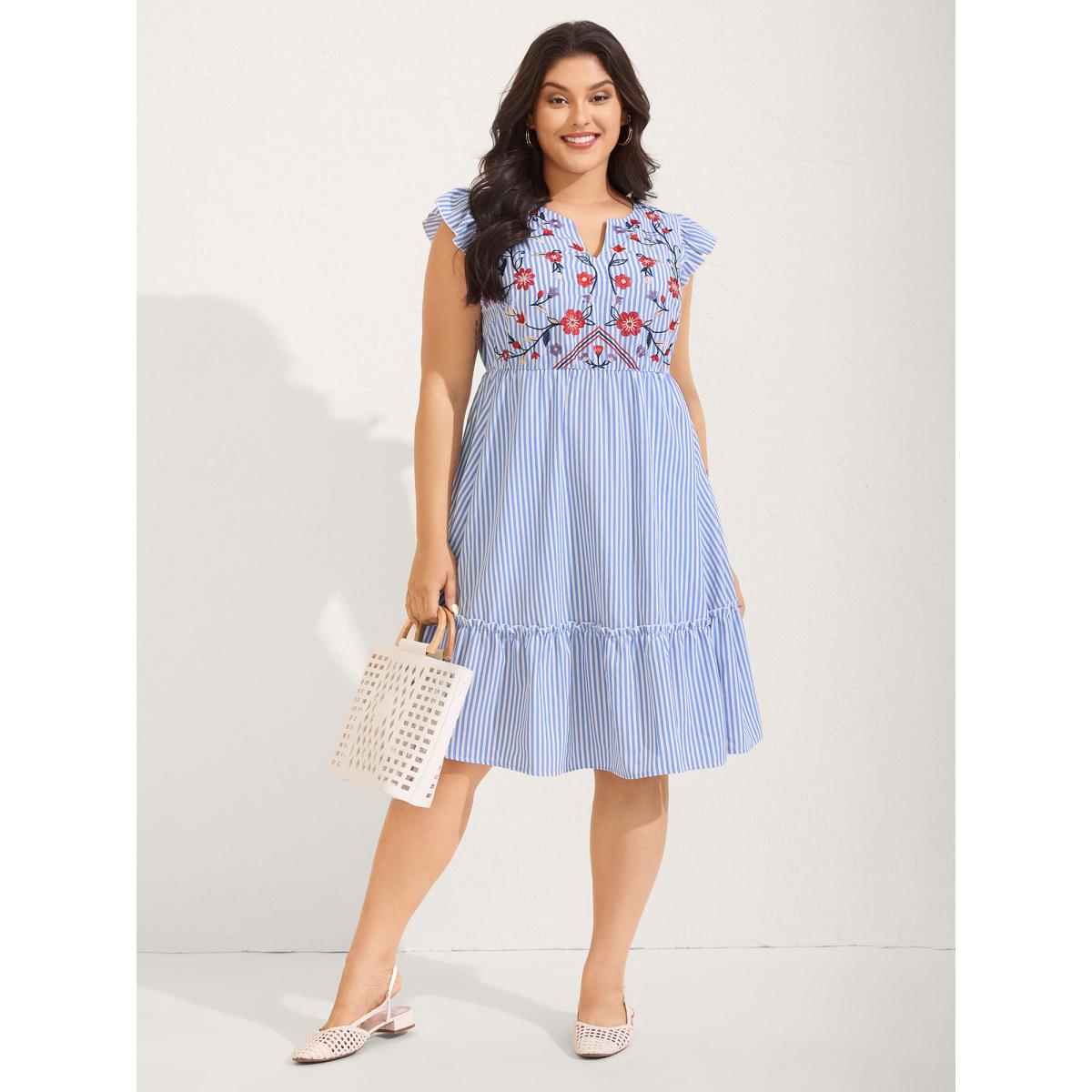 Plus Size Floral Embroidery Stripes Flutter Midi Dress LightBlue Women Boho Round Neck Cap Sleeve Curvy BloomChic 22-24/3X Product Image