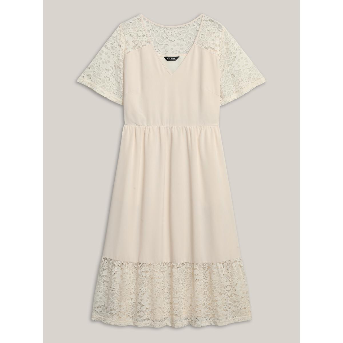 Plus Size Sheer Lace Pockets Solid Midi Dress Apricot Women V-neck Short sleeve Curvy BloomChic 22-24/3X Product Image