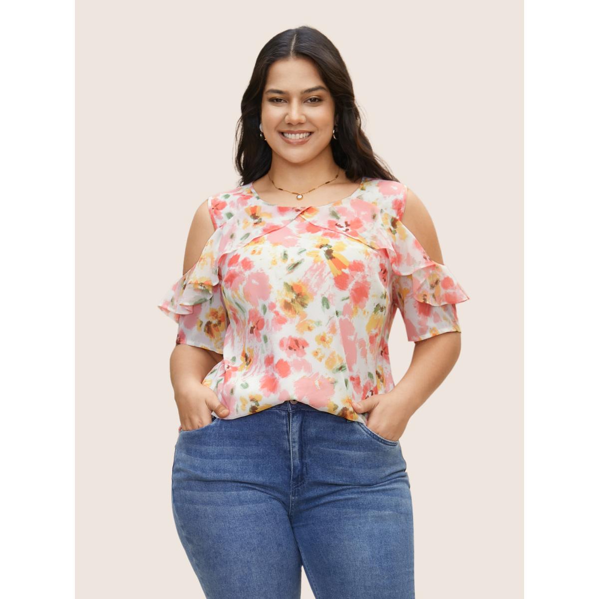 Plus Size Blush Watercolor Floral Cold Shoulder Ruffles Blouse Women Elegant Short sleeve Round Neck Everyday Blouses BloomChic 30/6X Product Image