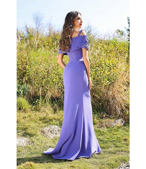 Terani Couture Off-The-Shoulder Shoulder 3D Applique Stretch Twill Gown Product Image