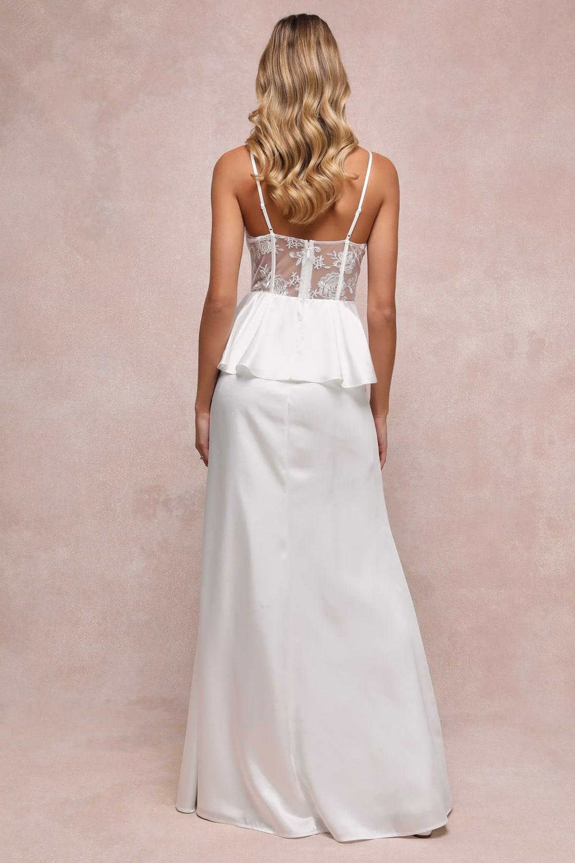 Iconic Adoration White Satin Peplum Sheer Bustier Maxi Dress Product Image