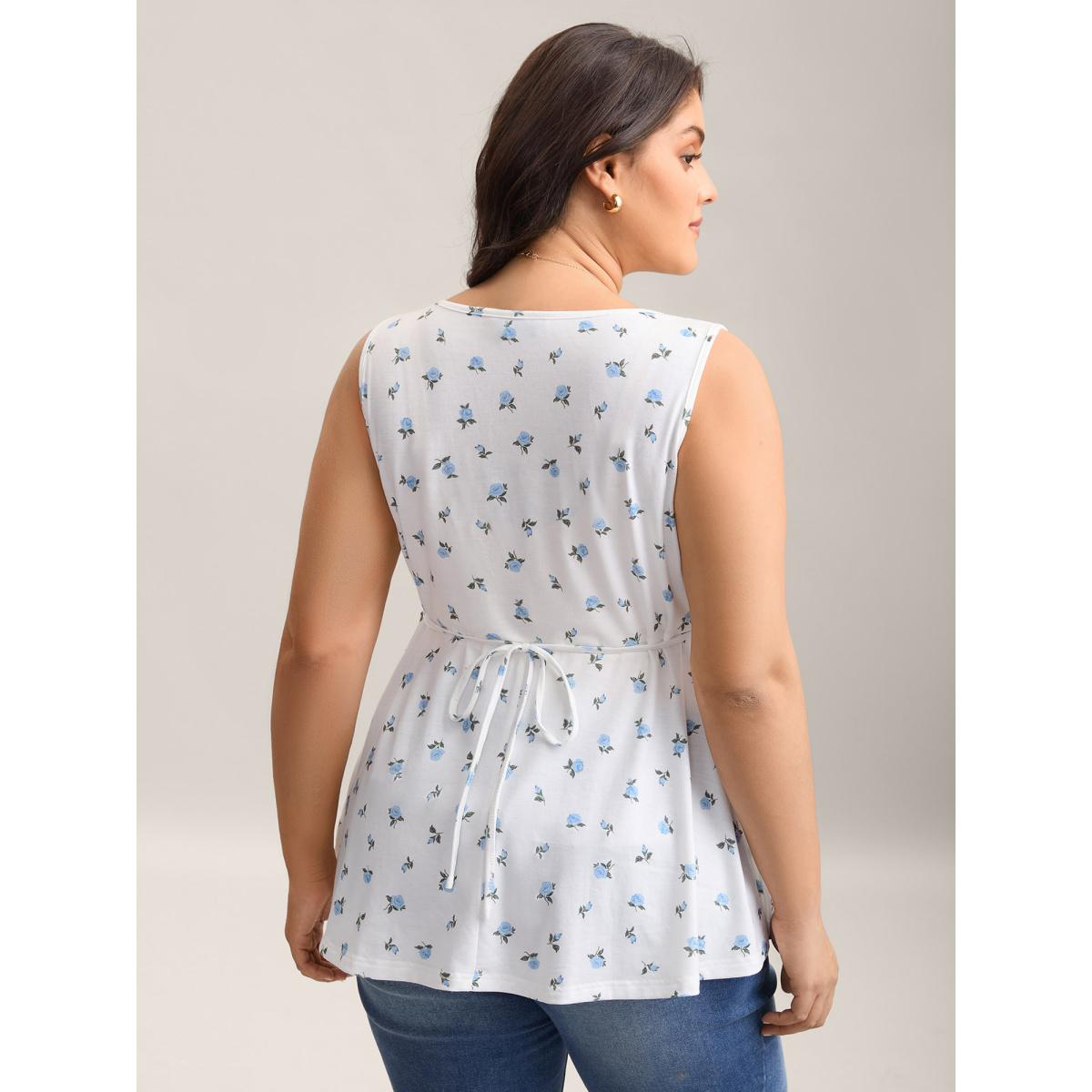 Plus Size Stretchy Floral Print Waist-Tie Tank Top Women WhiteSmoke Belted V-neck Everyday-Elegant Tank Tops Camis BloomChic 12/L Product Image