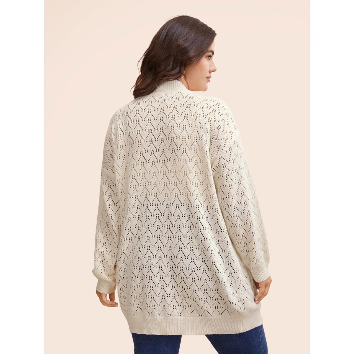 Plus Size Kimono Collar Patch Pocket Pointelle Knit Cardigan Beige Women Leisure Loose Long Sleeve Casual Cardigans BloomChic 28/5X Product Image