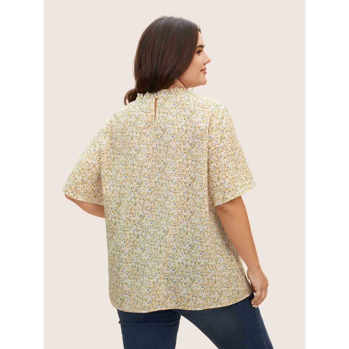 Plus Size Lightyellow Ditsy Floral Plicated Detail Frill Trim Blouse Women Elegant Short sleeve Round Neck Everyday Blouses BloomChic 26/4X Product Image