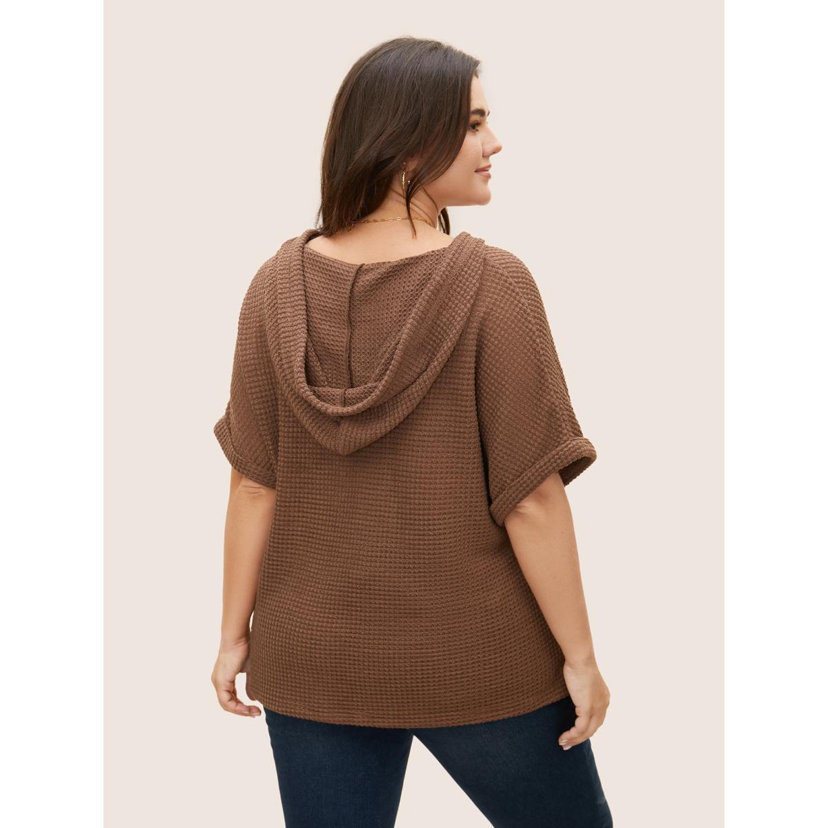 Plus Size Solid Hooded Drawstring Dolman Sleeve T-shirt DarkBrown Women Casual Texture Hooded Everyday T-shirts BloomChic 26/4X Product Image