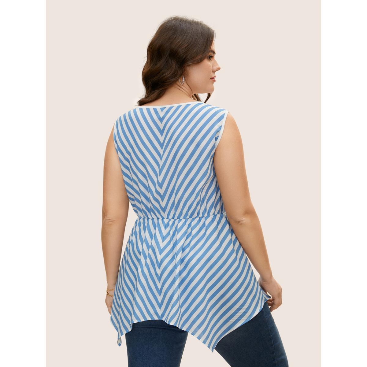 Plus Size Striped Elastic Waist Hanky Hem Tank Top Women LightBlue Casual Contrast V-neck Everyday Tank Tops Camis BloomChic 10/M Product Image