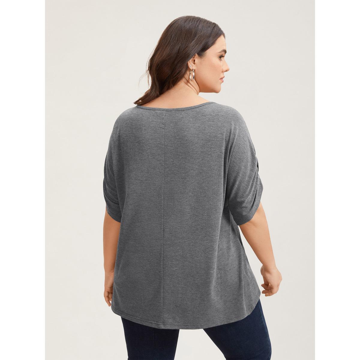 Plus Size Stretchy Solid Color Gathered Sleeve T-Shirt DimGray Women Leisure Gathered Round Neck Casual T-shirts BloomChic 18-20/2X Product Image