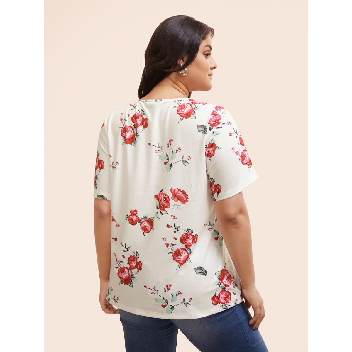 Plus Size Floral Crisscross V Neck T-shirt White Women Elegant Floral V-neck Everyday T-shirts BloomChic 12/L Product Image