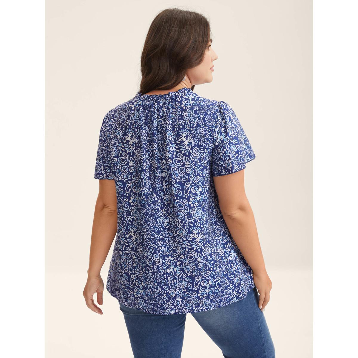 Plus Size DarkBlue In Full Bloom Mock Neck Shirt Women Resort Cap Sleeve Stand-up collar Vacation Blouses BloomChic 22-24/3X Product Image
