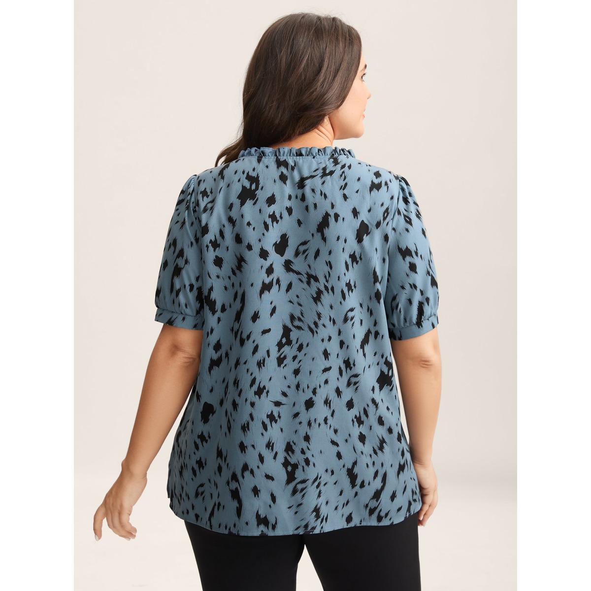 Plus Size Stone Leopard Print Toothpick Pleat Blouse Women Office Short sleeve Round Neck Office Blouses BloomChic 12/L Product Image