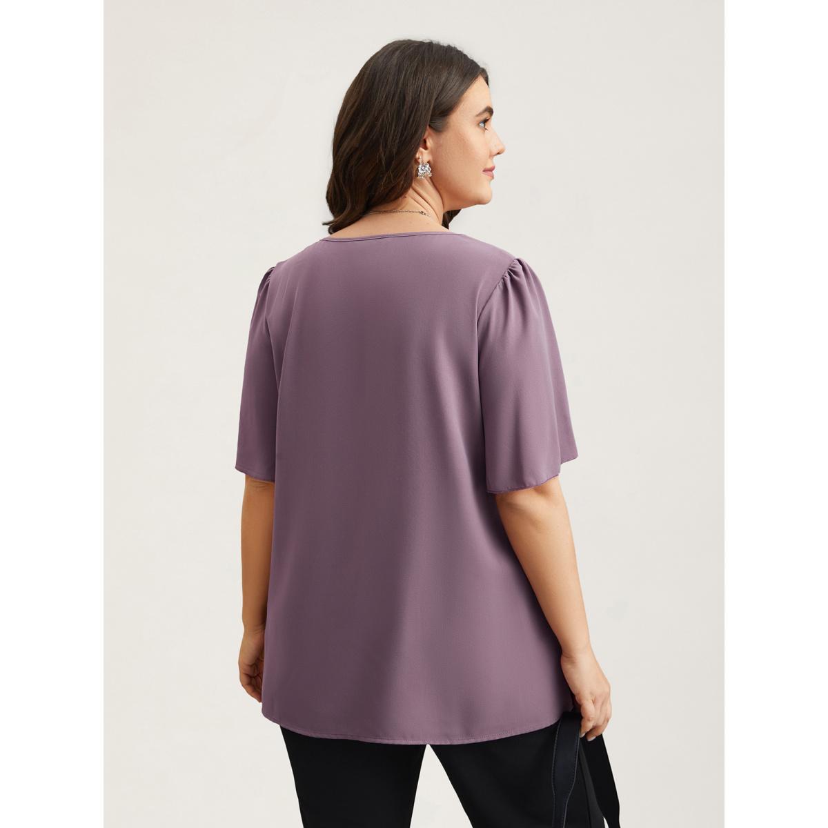 Plus Size Mauve Pleated-Front Flutter Sleeve Shirt Women At the Office Short sleeve V-neck Work Blouses BloomChic 30/6X Product Image