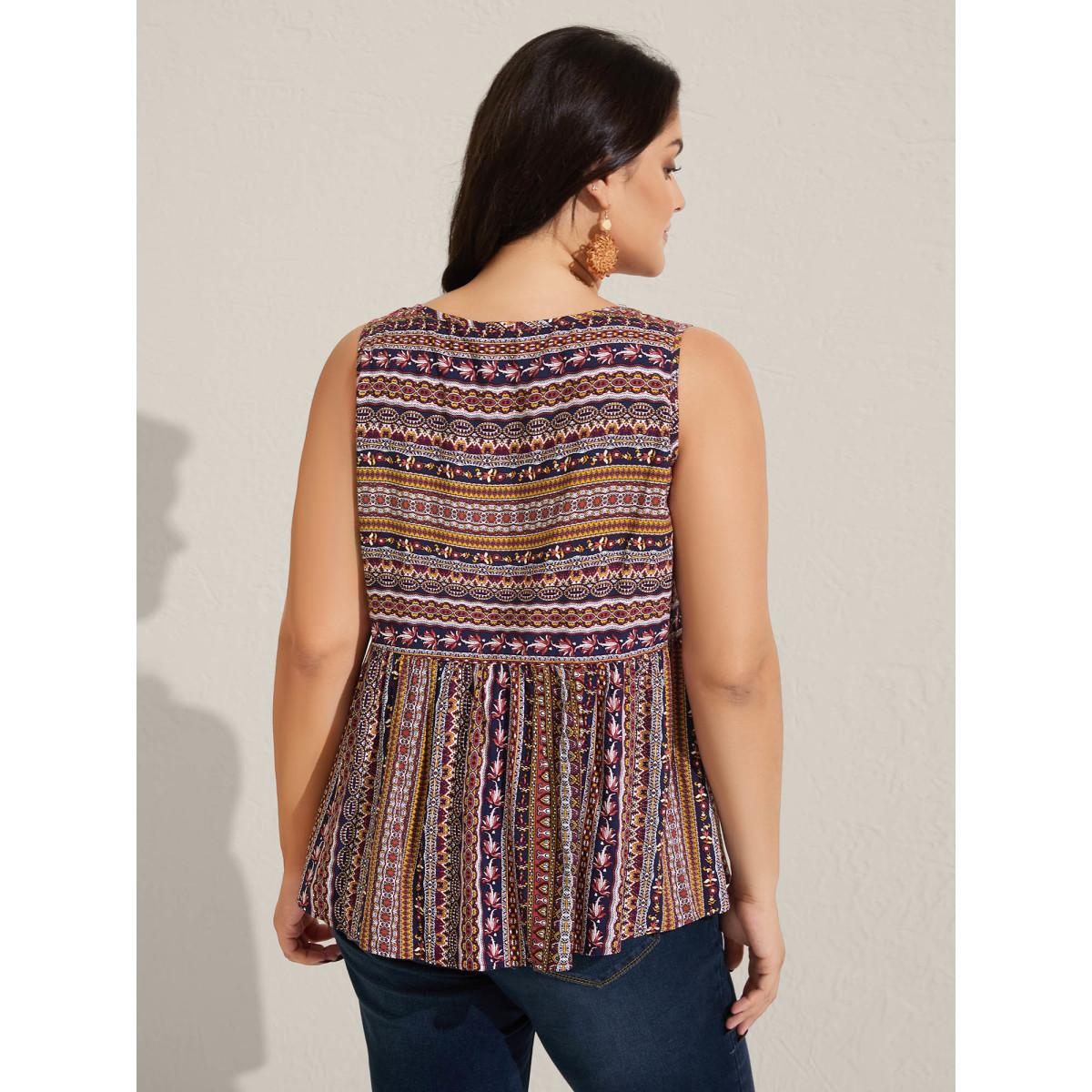 Plus Size Boho Stripe Print V-Neck Tank Top Women Indigo Boho Gathered V-neck Vacation Tank Tops Camis BloomChic 10/M Product Image