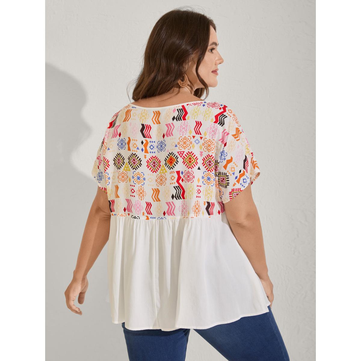 Plus Size WhiteSmoke Multicolor Boho Stripes Woven Cut-Out Blouse Women Short sleeve Flat collar with V-notch Vacation Blouses BloomChic 26/4X Product Image