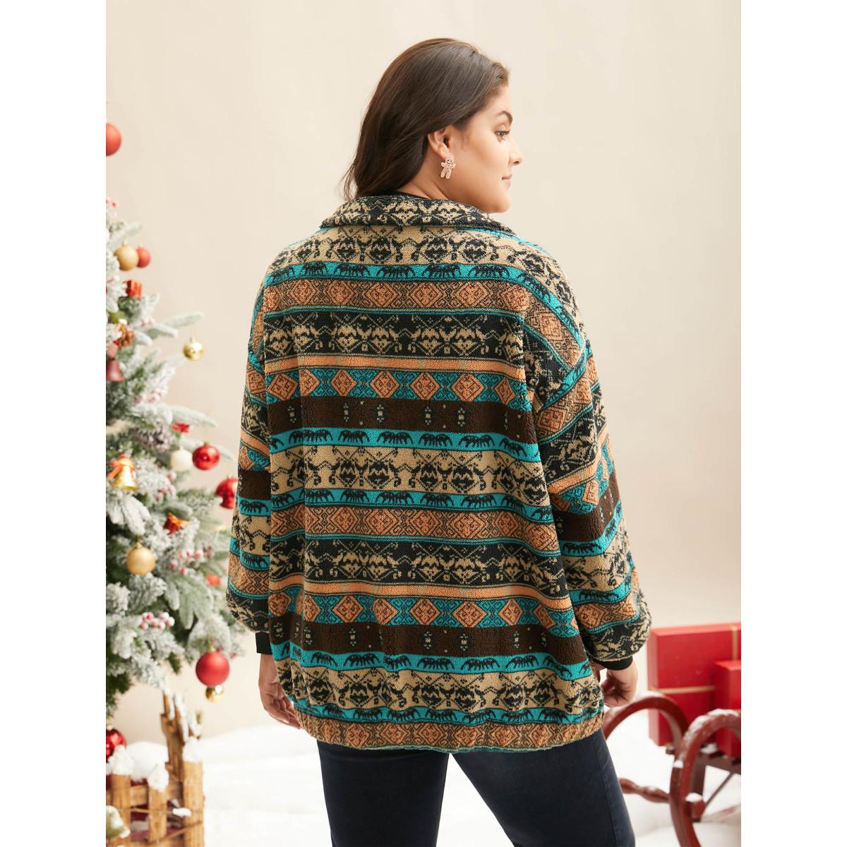 Plus Size Holiday Zipper Collared Jacket Women Multicolor Contrast Loose Slanted pocket Everyday Jackets BloomChic 14-16/1X Product Image