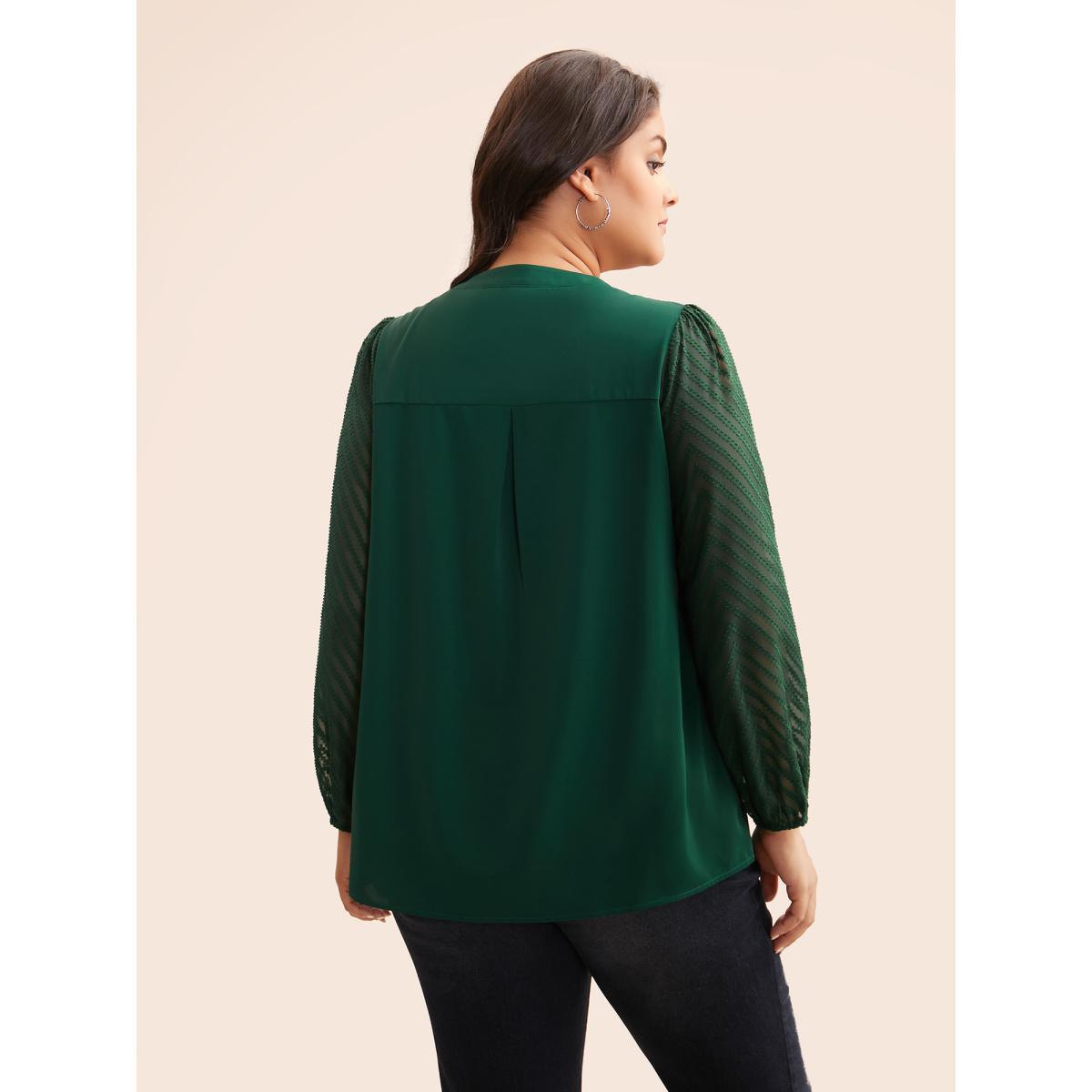 Plus Size DarkGreen Solid Textured Notched Collar Pleated Blouse Women Elegant Long Sleeve Flat collar with V-notch Everyday Blouses BloomChic 26/4X Product Image