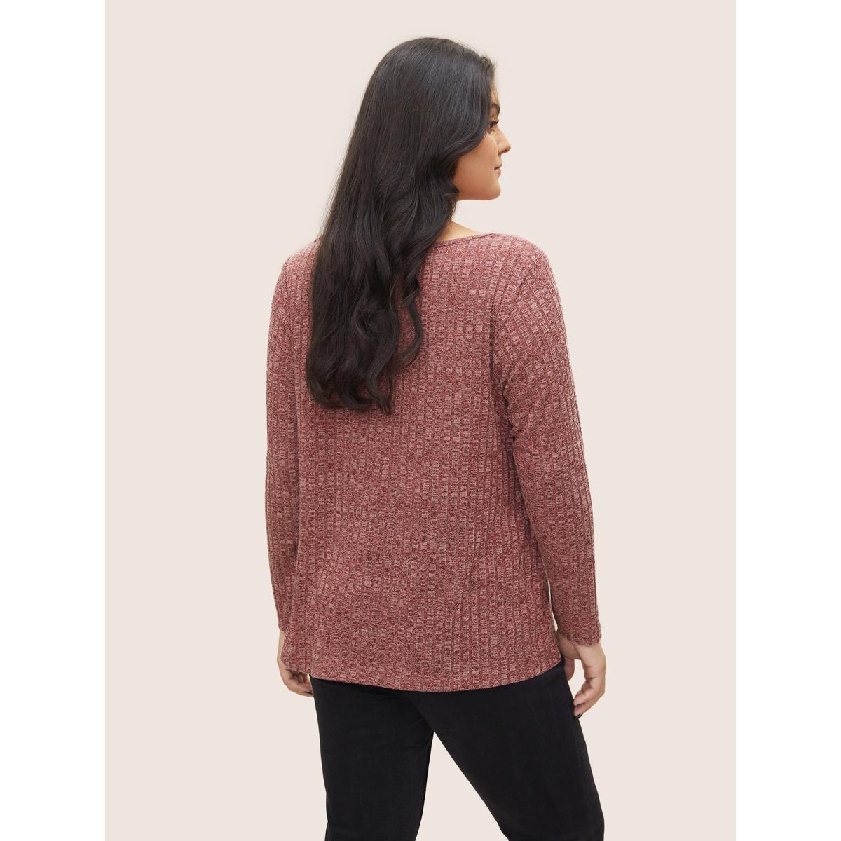 Plus Size Heather Plisse Long Sleeve T-shirt Russet Women Elegant Non Colorblock V-neck Everyday T-shirts BloomChic 14-16/1X Product Image
