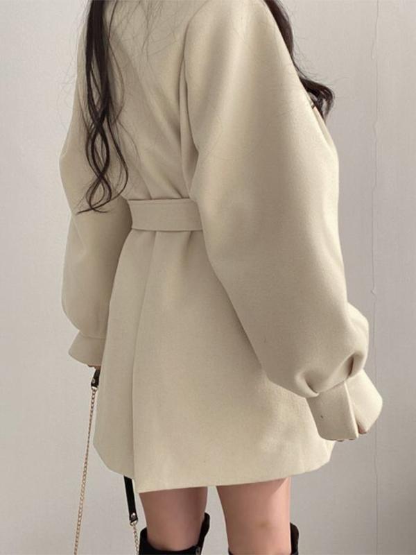 Puff Sleeve Belted Woolen Coat Product Image