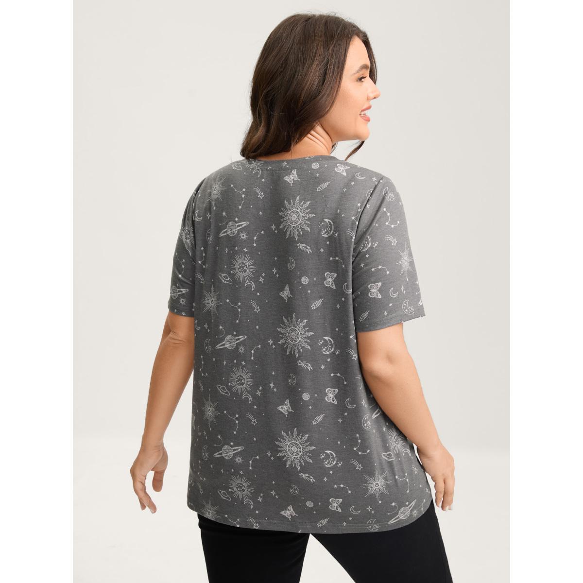 Plus Size Celestial Print Crew Neck T-Shirt DimGray Women Leisure Non Round Neck Casual T-shirts BloomChic 12/L Product Image