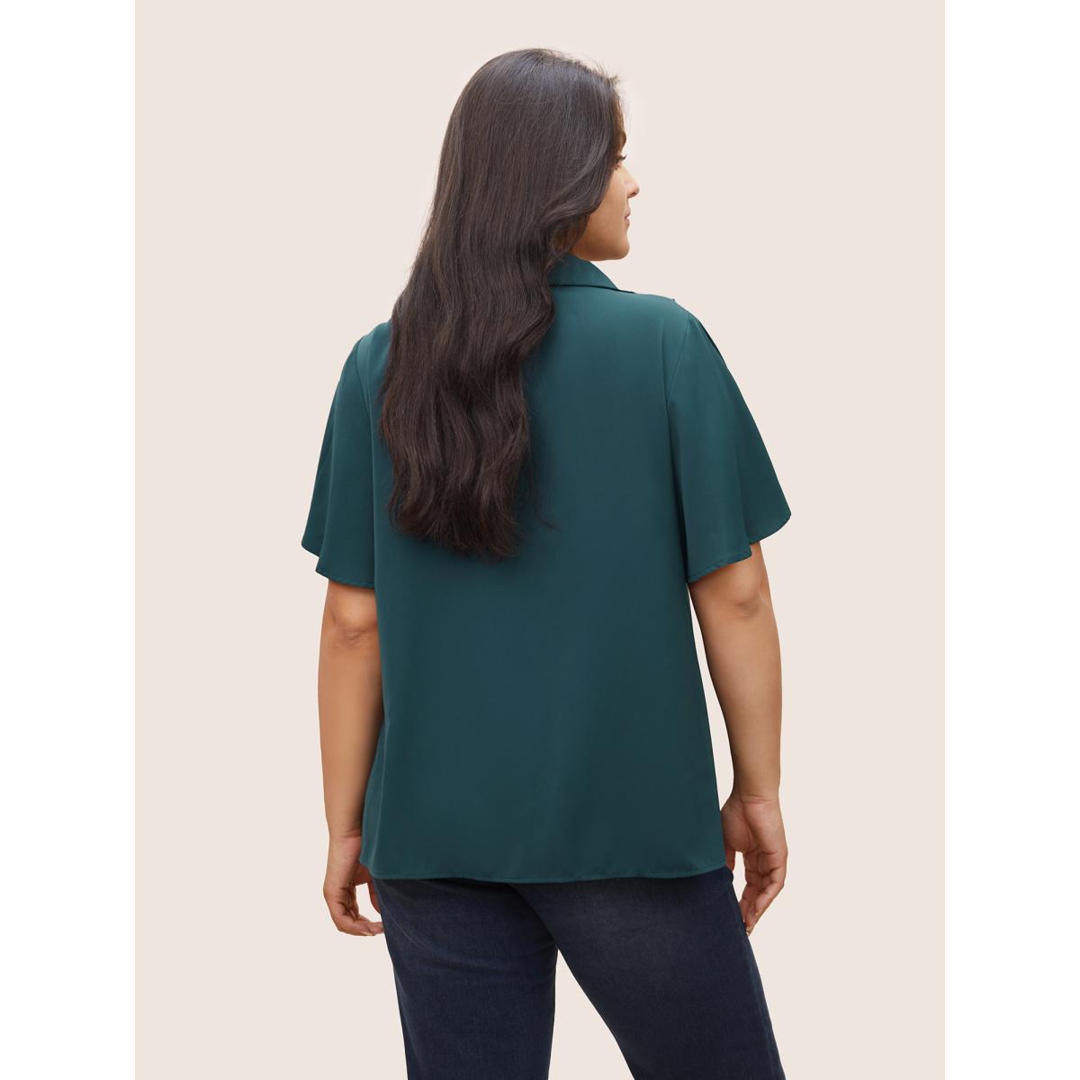 Plus Size Cyan Solid Button Detail Ruffle Trim Blouse Women At the Office Short sleeve Shirt collar Office Blouses BloomChic 14-16/1X Product Image