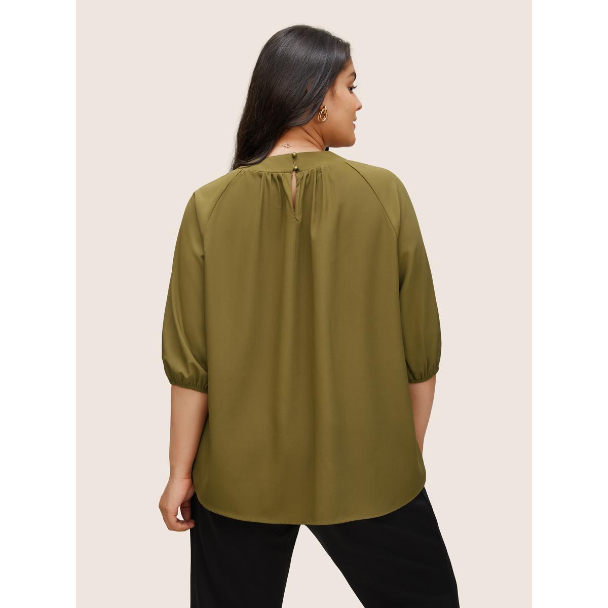 Plus Size ArmyGreen Static-Free Plain Gathered Button Detail Blouse Women At the Office Elbow-length sleeve Round Neck Work Blouses BloomChic 28/5X Product Image