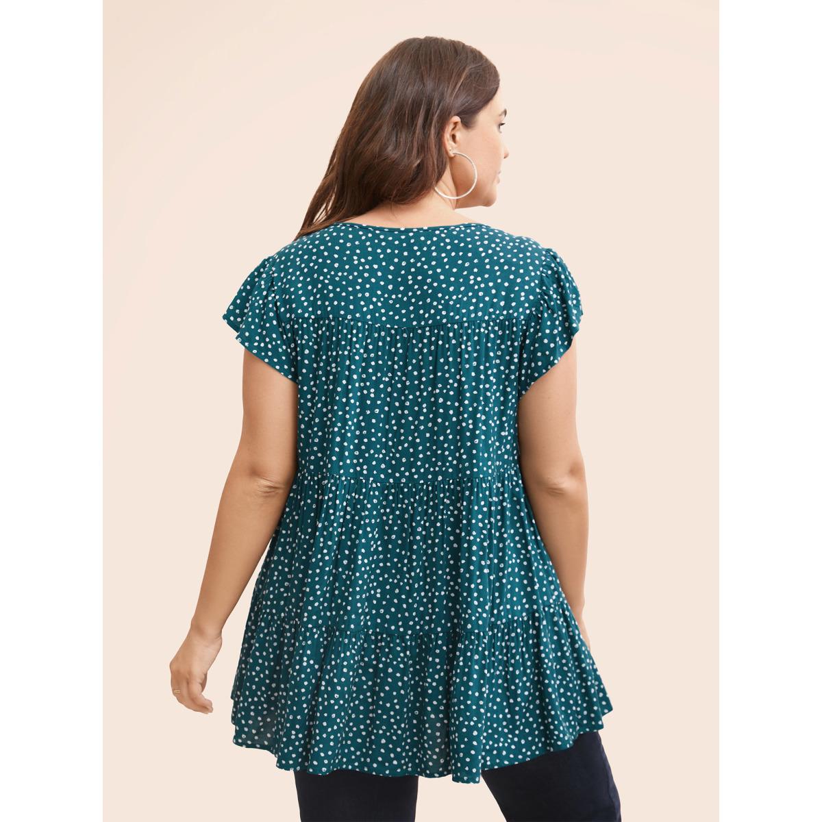 Plus Size Cyan Allover Print Cap Sleeve Ruffle Hem Gathered Blouse Women Casual Cap Sleeve Round Neck Everyday Blouses BloomChic 14-16/1X Product Image