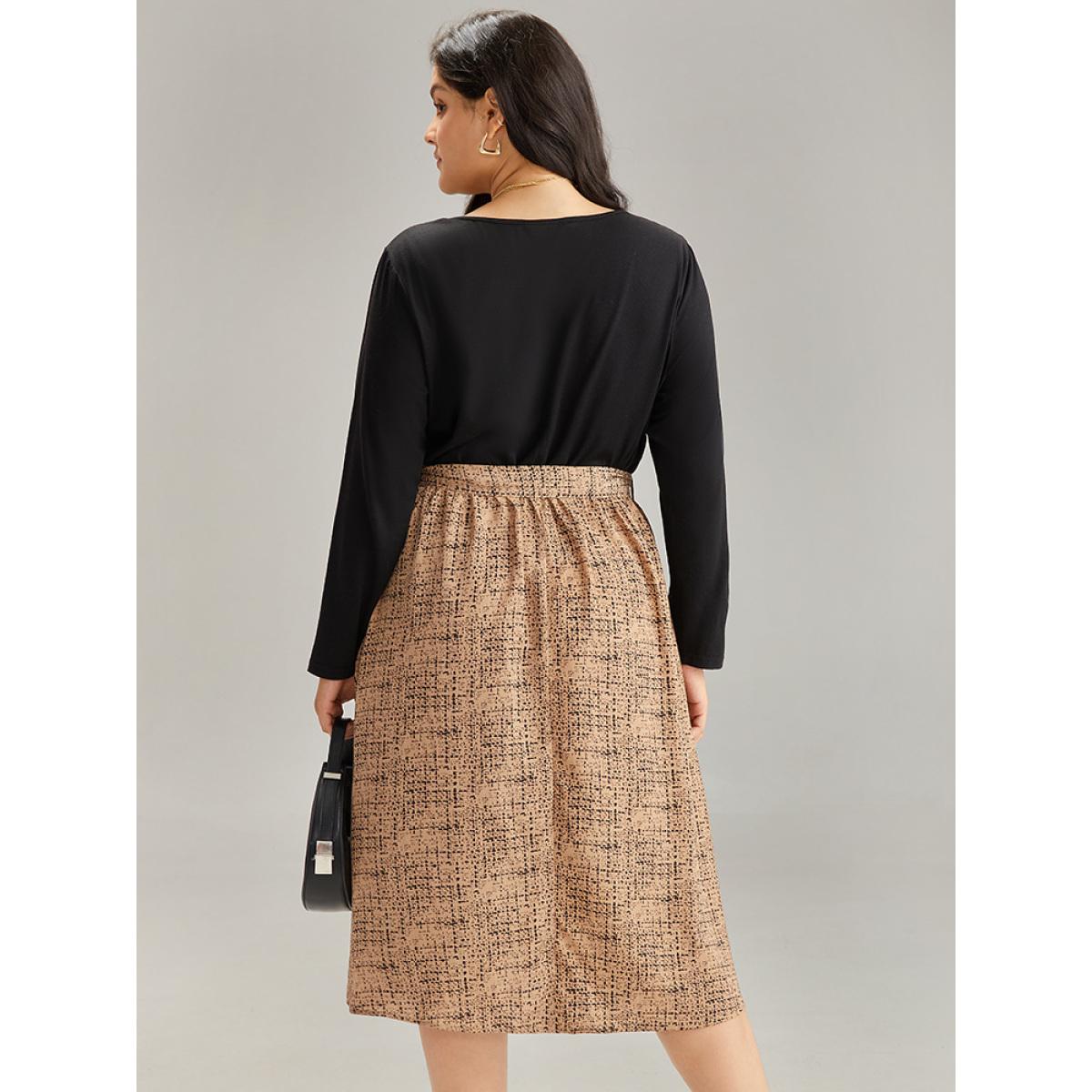 Plus Size Patchwork Pocket Belted Long Sleeve Dress Tan Women Elegant Belted V-neck Long Sleeve Curvy Midi Dress BloomChic 22-24/3X Product Image