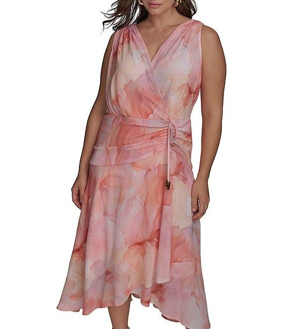 Donna Karan Plus Size V-Neck Floral Print Sleeveless Chiffon Wrap Dress Product Image