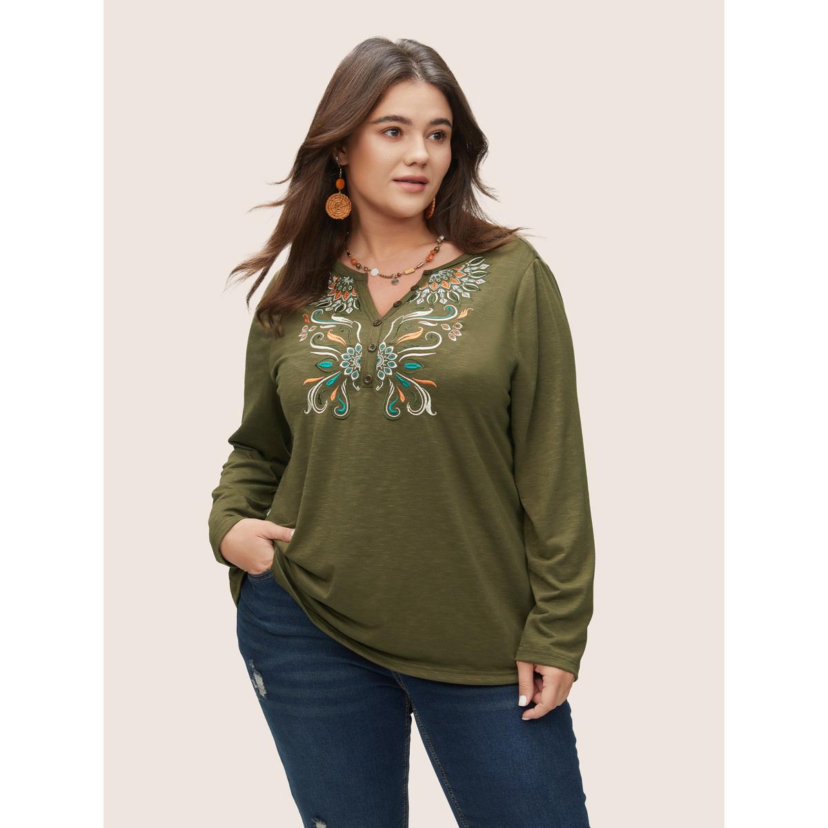 Plus Size Bandana Embroidered Notched Button Detail T-shirt ArmyGreen Women Resort Embroidered Bohemian Print Notched collar Vacation T-shirts BloomChic 26/4X Product Image