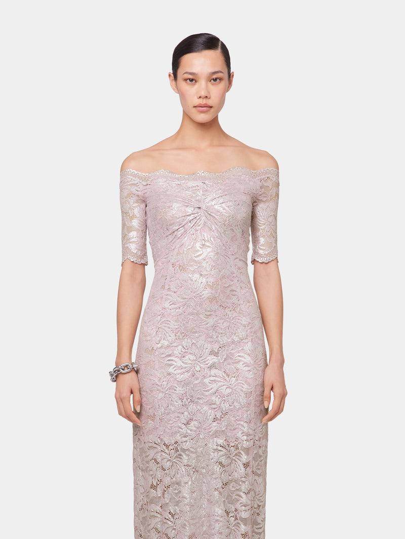 PINK LONG DRESS IN LACE WITH SILVER INDUCTION Product Image