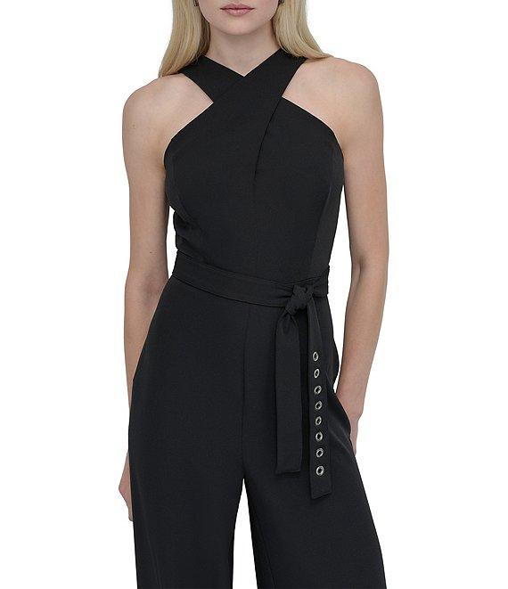DKNY by Donna Karan Stretch Halter Neck Sleeveless Belted Straight Leg Jumpsuit Product Image