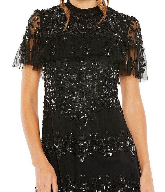 Mac Duggal Short Flutter High Mock Neck Ruffled Sequin Dress Product Image