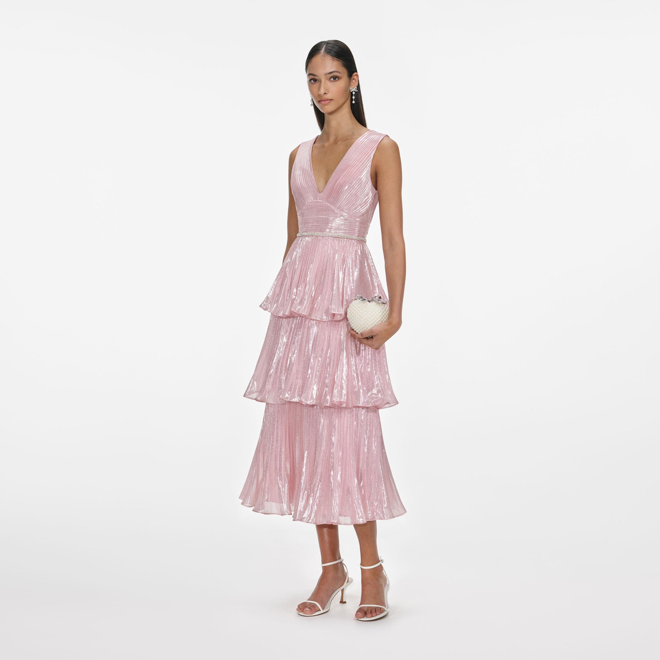 Pink Metallic Tiered Midi Dress Product Image