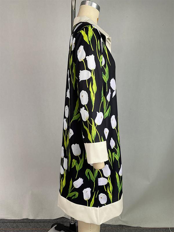 A-line Loose Buttoned Flower Print Stand Collar Mini Dresses Product Image