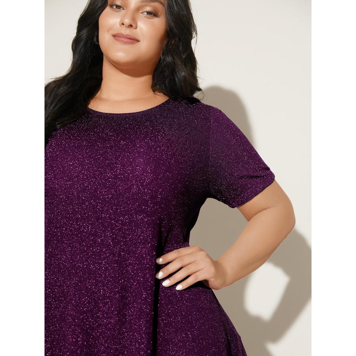 Plus Size Shimmering Gold & Silver Thread A-Line Tee Black Women Leisure Non Round Neck Loose Casual T-shirts BloomChic 12/L Product Image