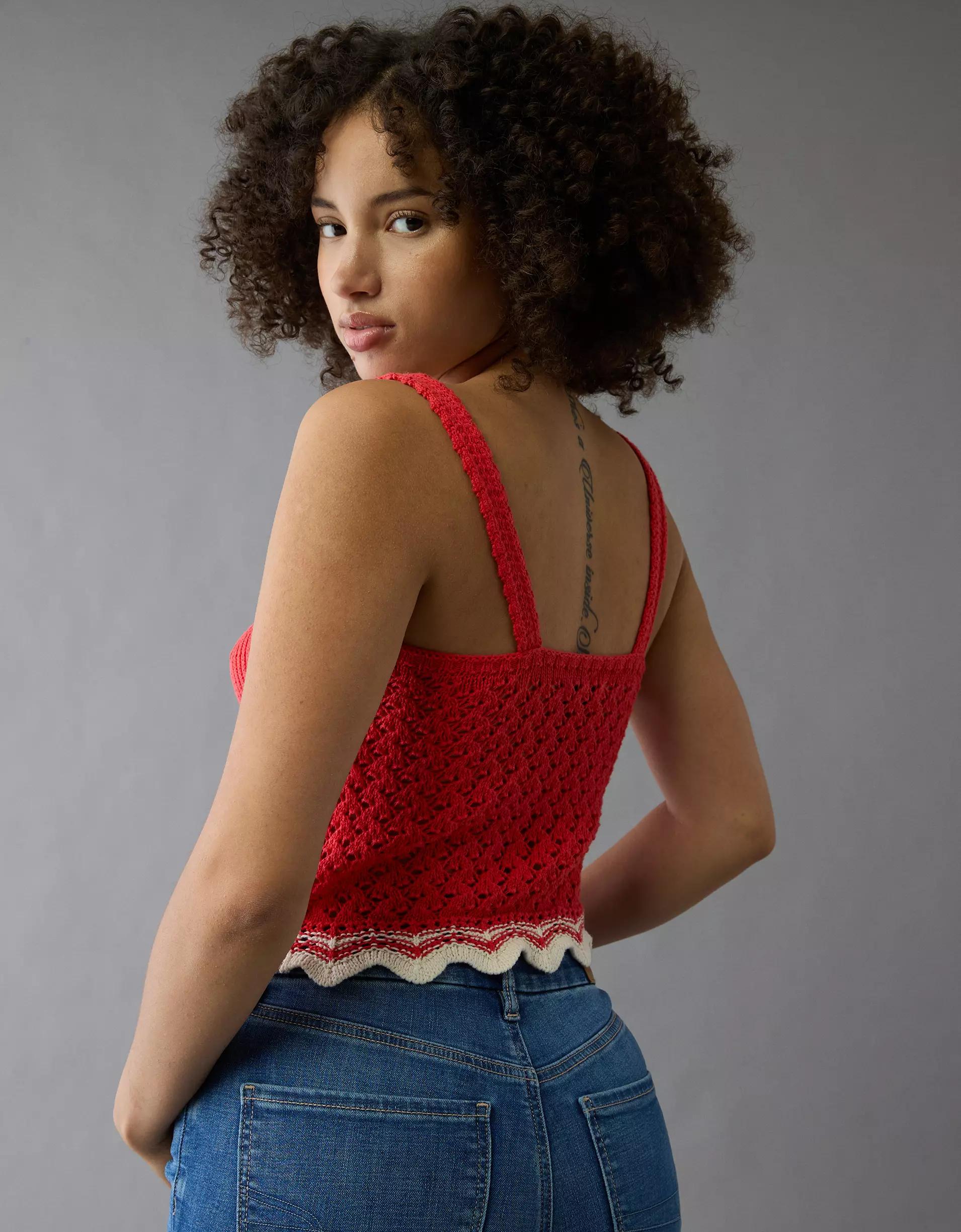 AE V-Neck Pointelle Scalloped Crochet Tank Top Product Image