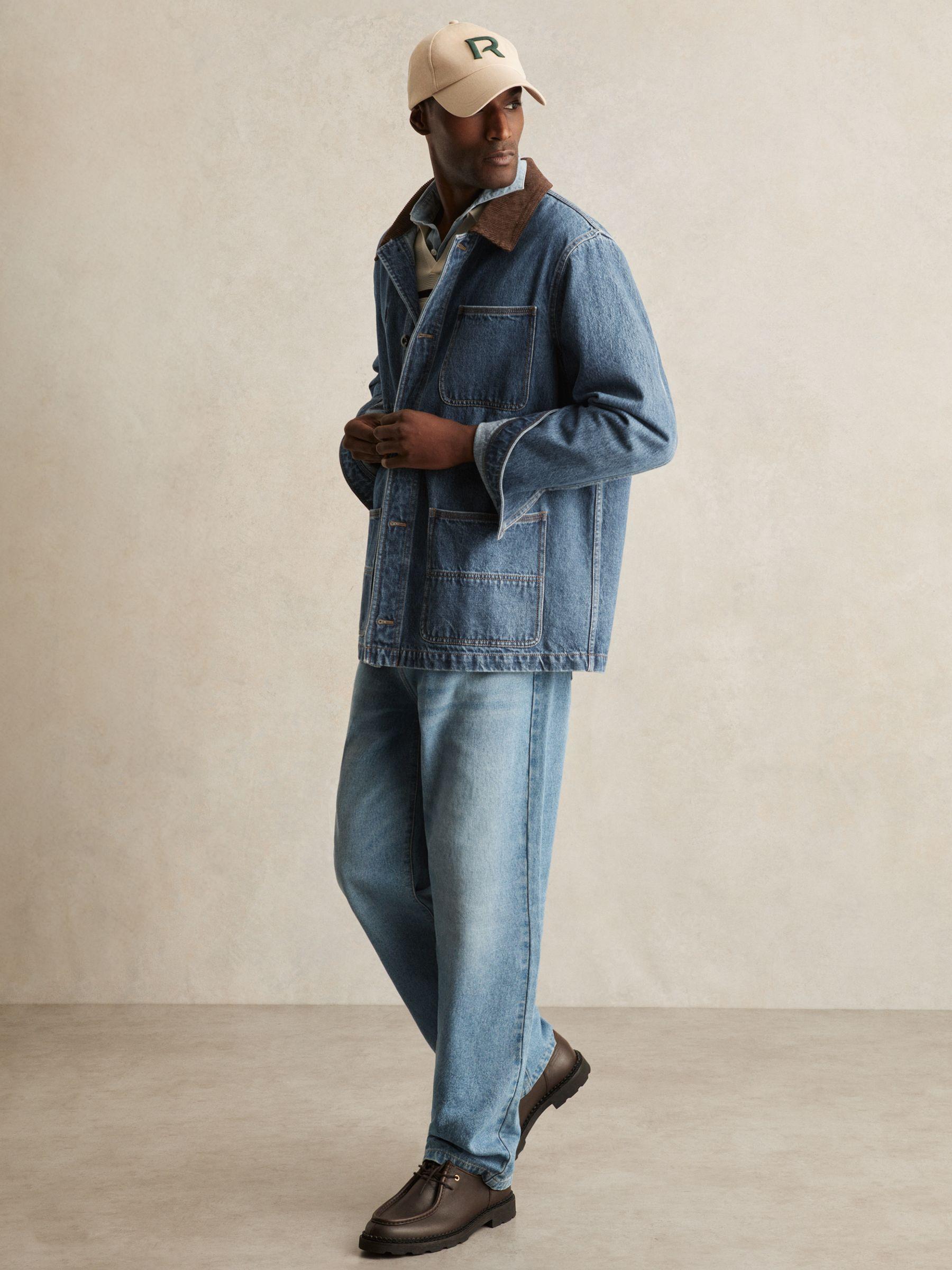 Corduroy Collar Denim Worker Jacket in Denim Blue Product Image