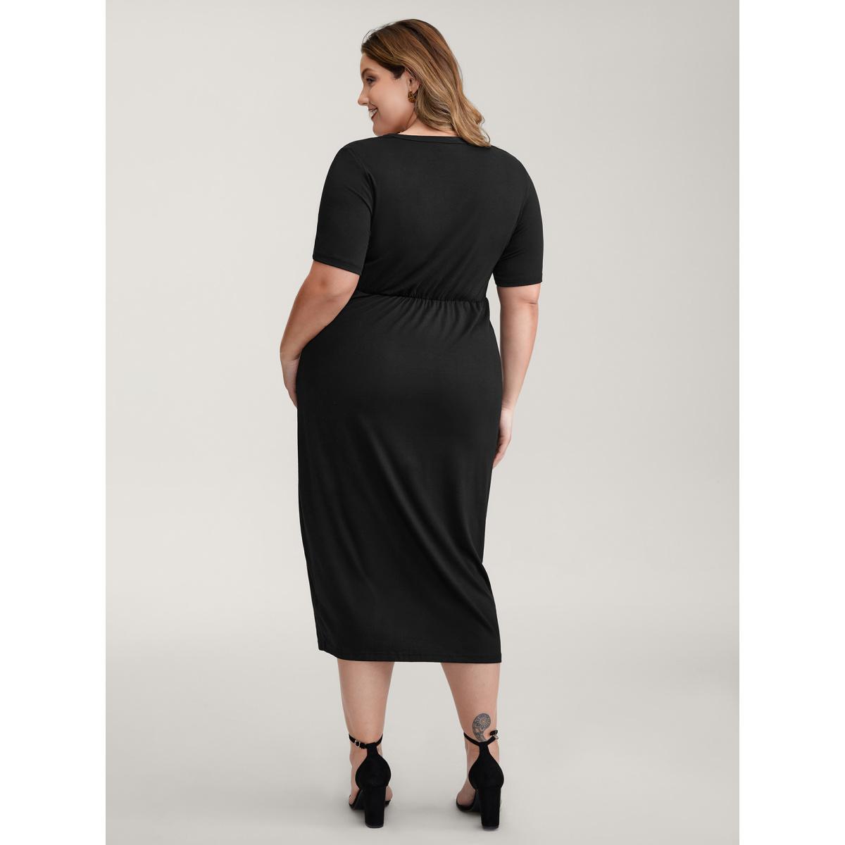 Plus Size Twist Front Button Slit Midi Dress Black Women Timeless V-neck Short sleeve Curvy BloomChic 22-24/3X Product Image
