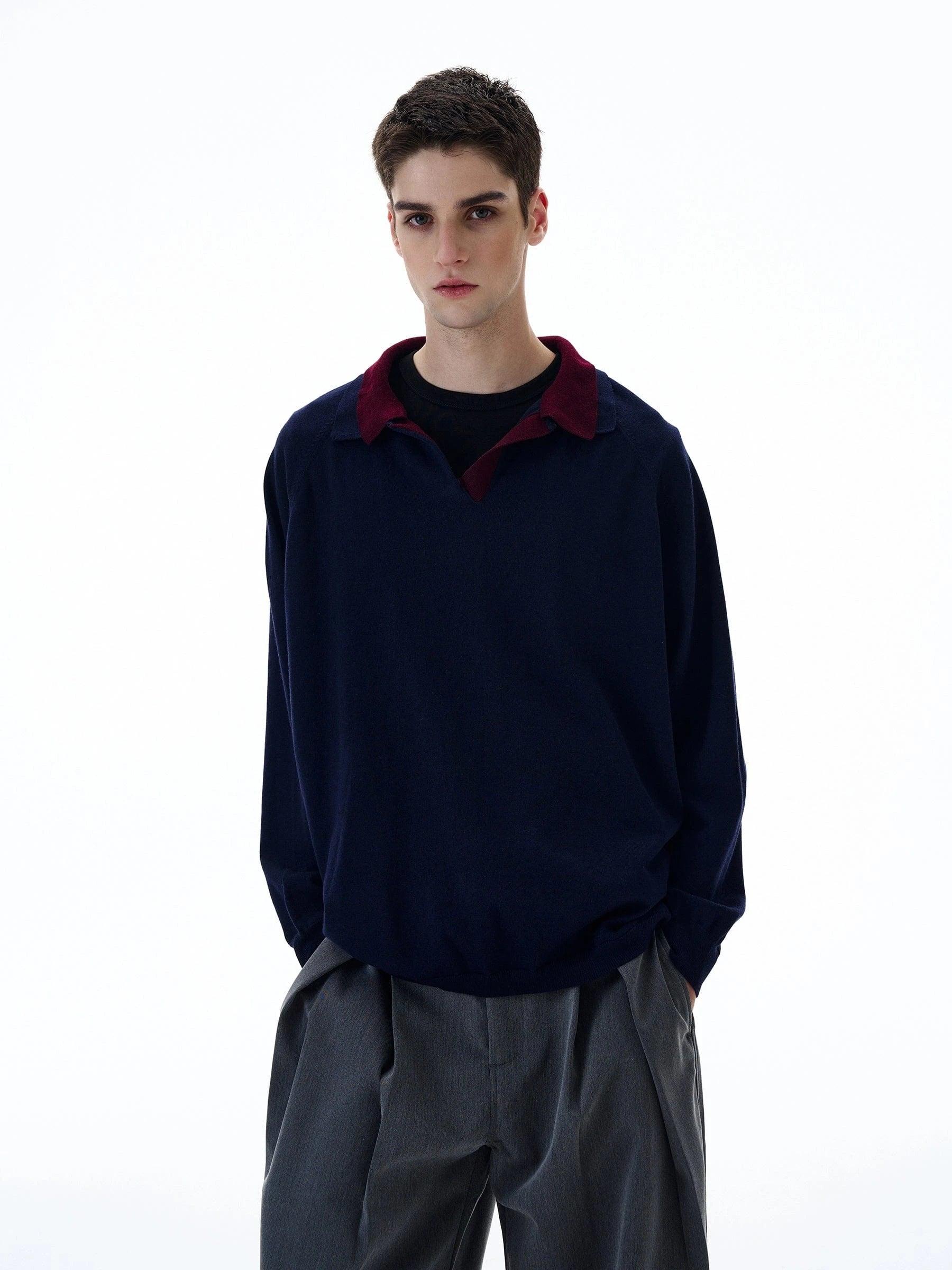 RT No. 20023 KNIT NAVY POLO COLLAR SWEATER Product Image