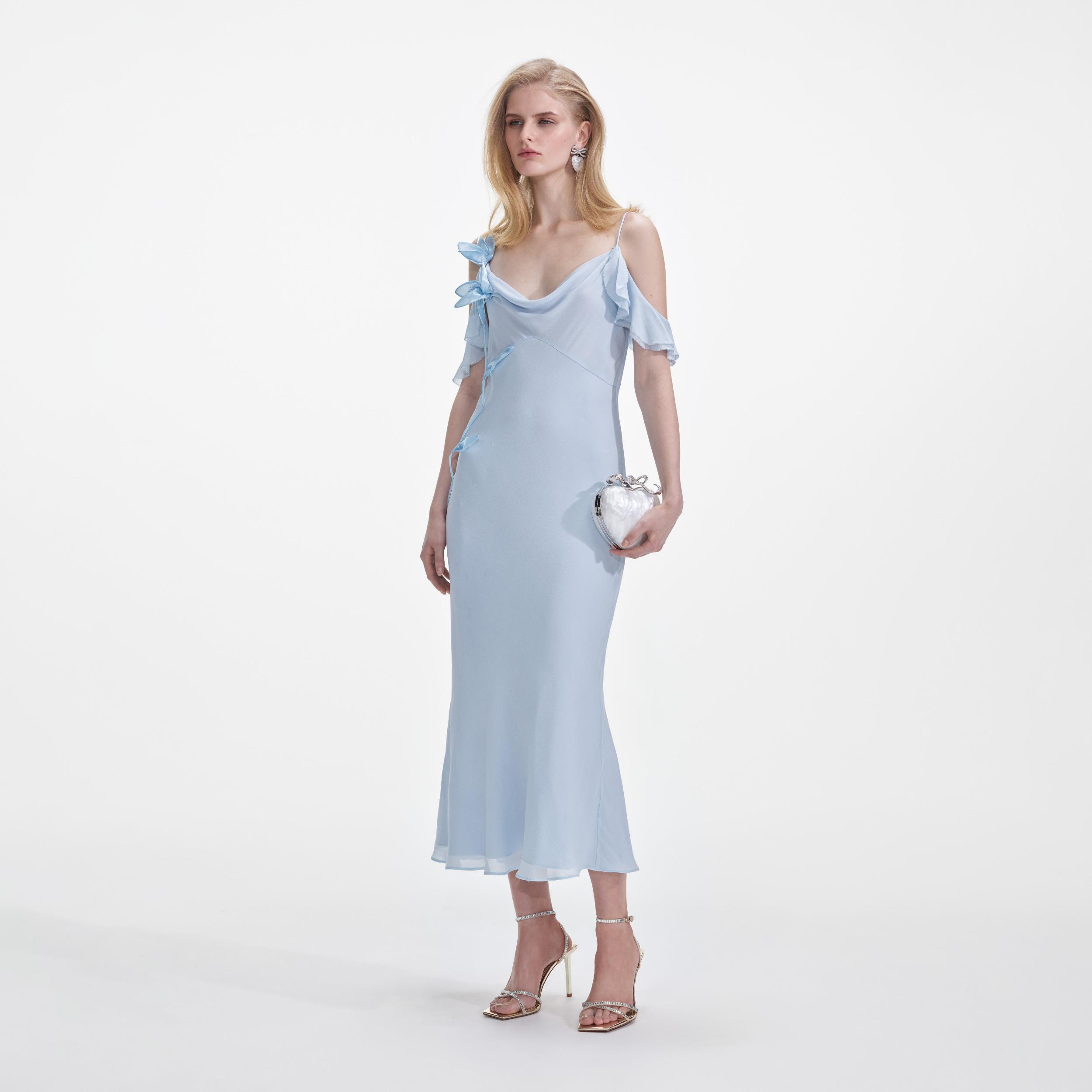 Blue Georgette Flower Midi Dress Product Image