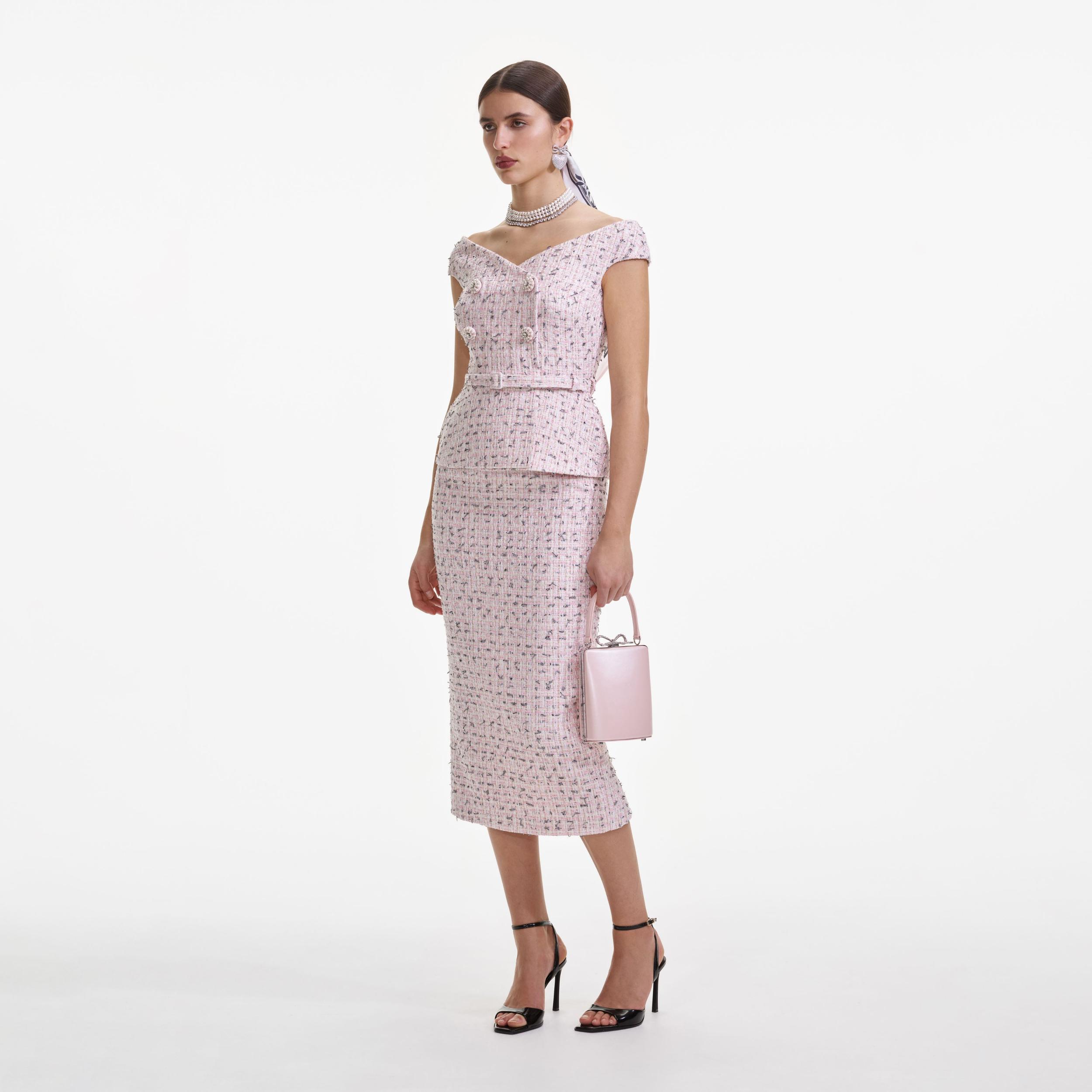 Pink Boucle Pearl Midi Dress Product Image